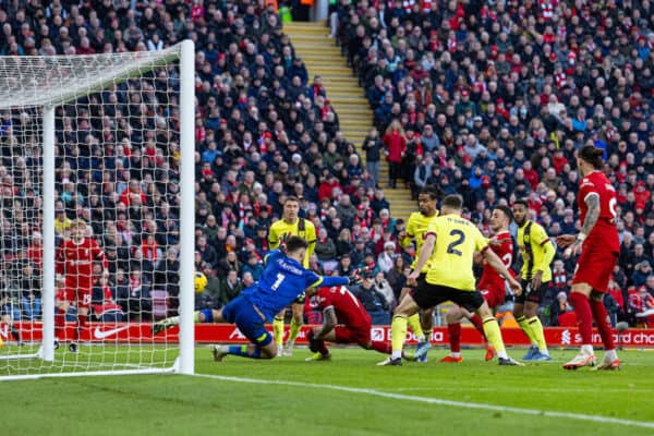 LIVERPOOL, ENGLAND - Saturday, February 10, 2024: Liverpool's Luis Díaz scores the second goal during the FA Premier League match between Liverpool FC and Burnley FC at Anfield. (Photo by David Rawcliffe/Propaganda)