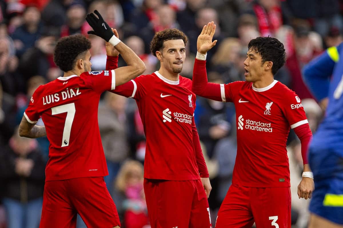 LIVERPOOL, ENGLAND - Saturday, February 10, 2024: Liverpool's Luis Díaz (L) celebrates with team-mates Curtis Jones (C) and Wataru Endo (R) after scoring the second goal during the FA Premier League match between Liverpool FC and Burnley FC at Anfield. (Photo by David Rawcliffe/Propaganda)