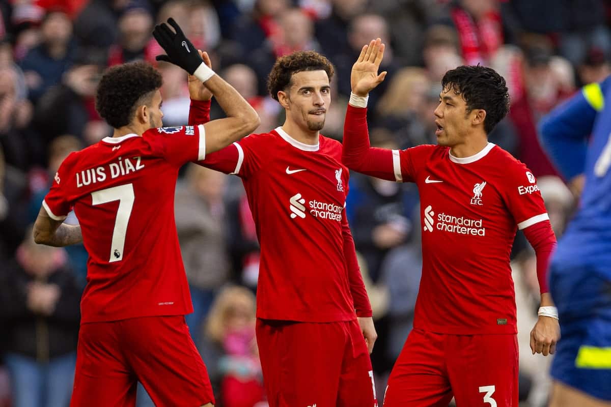 LIVERPOOL, ENGLAND - Saturday, February 10, 2024: Liverpool's Luis Díaz (L) celebrates with team-mates Curtis Jones (C) and Wataru End? (R) after scoring the second goal during the FA Premier League match between Liverpool FC and Burnley FC at Anfield. (Photo by David Rawcliffe/Propaganda)