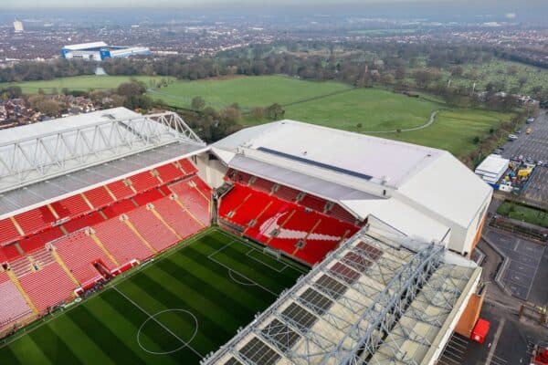 LIVERPOOL, ENGLAND - Saturday, February 10, 2024: Liverpool's An aerial view of Anfield Stadium, home of Liverpool Football Club, seen before the FA Premier League match between Liverpool FC and Burnley FC. (Photo by David Rawcliffe/Propaganda)