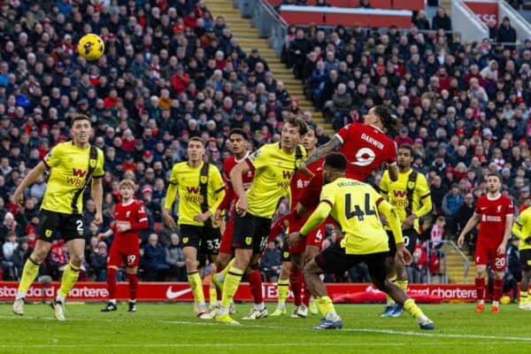LIVERPOOL, ENGLAND - Saturday, February 10, 2024: Liverpool's Darwin Núñez scores the third goal during the FA Premier League match between Liverpool FC and Burnley FC at Anfield. (Photo by David Rawcliffe/Propaganda)