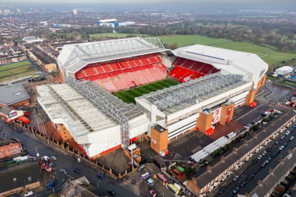 LIVERPOOL, ENGLAND - Saturday, February 10, 2024: Liverpool's An aerial view of Anfield Stadium, home of Liverpool Football Club, seen before the FA Premier League match between Liverpool FC and Burnley FC. (Photo by David Rawcliffe/Propaganda)