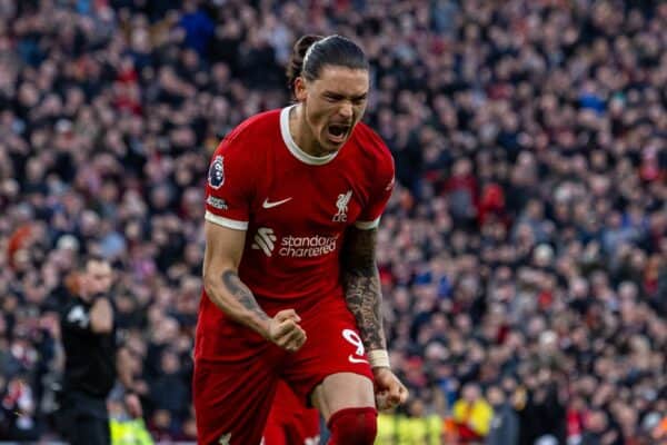 LIVERPOOL, ENGLAND - Saturday, February 10, 2024: Liverpool's Darwin Núñez celebrates after scoring the third goal during the FA Premier League match between Liverpool FC and Burnley FC at Anfield. (Photo by David Rawcliffe/Propaganda)