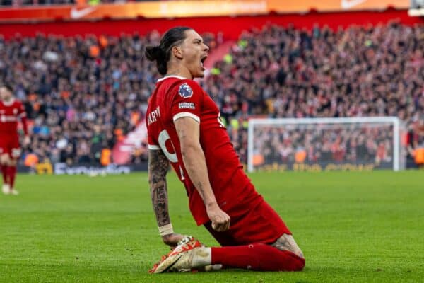 LIVERPOOL, ENGLAND - Saturday, February 10, 2024: Liverpool's Darwin Núñez celebrates after scoring the third goal during the FA Premier League match between Liverpool FC and Burnley FC at Anfield. (Photo by David Rawcliffe/Propaganda)