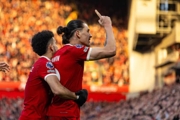 LIVERPOOL, ENGLAND - Saturday, February 10, 2024: Liverpool's Darwin Núñez celebrates after scoring the third goal during the FA Premier League match between Liverpool FC and Burnley FC at Anfield. (Photo by David Rawcliffe/Propaganda)