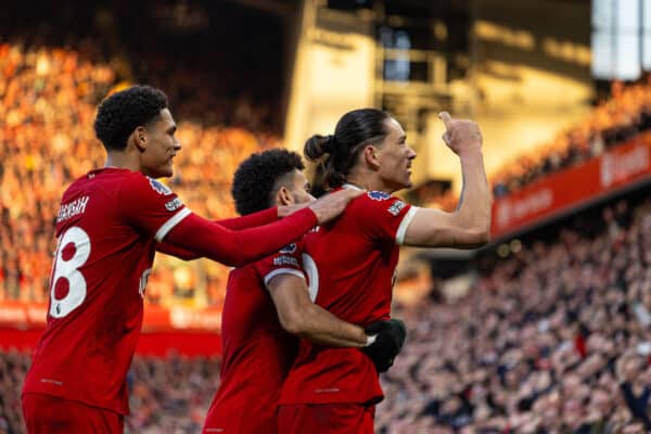 LIVERPOOL, ENGLAND - Saturday, February 10, 2024: Liverpool's Darwin Núñez celebrates after scoring the third goal during the FA Premier League match between Liverpool FC and Burnley FC at Anfield. (Photo by David Rawcliffe/Propaganda)