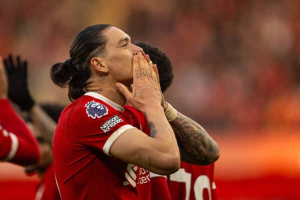 LIVERPOOL, ENGLAND - Saturday, February 10, 2024: Liverpool's Darwin Núñez celebrates after scoring the third goal during the FA Premier League match between Liverpool FC and Burnley FC at Anfield. (Photo by David Rawcliffe/Propaganda)