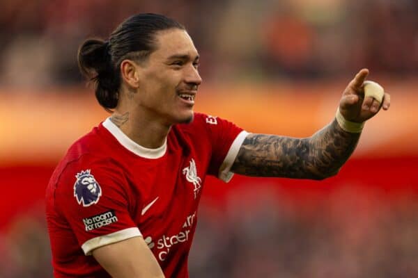 LIVERPOOL, ENGLAND - Saturday, February 10, 2024: Liverpool's Darwin Núñez celebrates after scoring the third goal during the FA Premier League match between Liverpool FC and Burnley FC at Anfield. (Photo by David Rawcliffe/Propaganda)