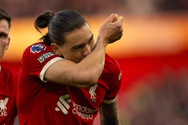 LIVERPOOL, ENGLAND - Saturday, February 10, 2024: Liverpool's Darwin Núñez celebrates after scoring the third goal during the FA Premier League match between Liverpool FC and Burnley FC at Anfield. (Photo by David Rawcliffe/Propaganda)