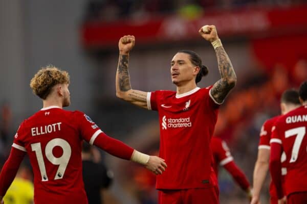 LIVERPOOL, ENGLAND - Saturday, February 10, 2024: Liverpool's Darwin Núñez celebrates after scoring the third goal during the FA Premier League match between Liverpool FC and Burnley FC at Anfield. (Photo by David Rawcliffe/Propaganda)