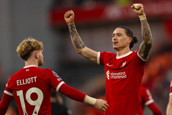 LIVERPOOL, ENGLAND - Saturday, February 10, 2024: Liverpool's Darwin Núñez celebrates with Harvey Elliott after scoring the third goal during the FA Premier League match between Liverpool FC and Burnley FC at Anfield. (Photo by David Rawcliffe/Propaganda)