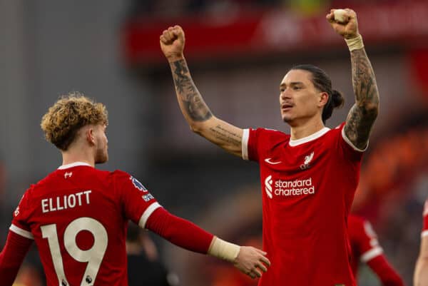 LIVERPOOL, ENGLAND - Saturday, February 10, 2024: Liverpool's Darwin Núñez celebrates after scoring the third goal during the FA Premier League match between Liverpool FC and Burnley FC at Anfield. (Photo by David Rawcliffe/Propaganda)