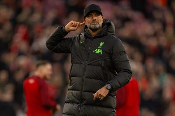 LIVERPOOL, ENGLAND - Saturday, February 10, 2024: Liverpool's manager Jürgen Klopp celebrates after the FA Premier League match between Liverpool FC and Burnley FC at Anfield. (Photo by David Rawcliffe/Propaganda)