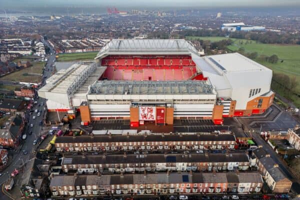 LIVERPOOL, ENGLAND - Saturday, February 10, 2024: Liverpool's An aerial view of Anfield Stadium, home of Liverpool Football Club, seen before the FA Premier League match between Liverpool FC and Burnley FC. (Photo by David Rawcliffe/Propaganda)