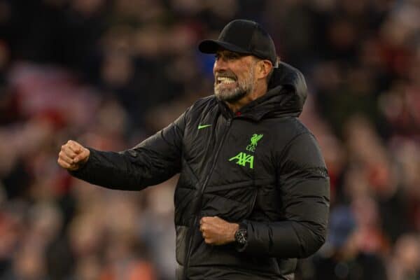 LIVERPOOL, ENGLAND - Saturday, February 10, 2024: Liverpool's manager Jürgen Klopp celebrates after the FA Premier League match between Liverpool FC and Burnley FC at Anfield. (Photo by David Rawcliffe/Propaganda)