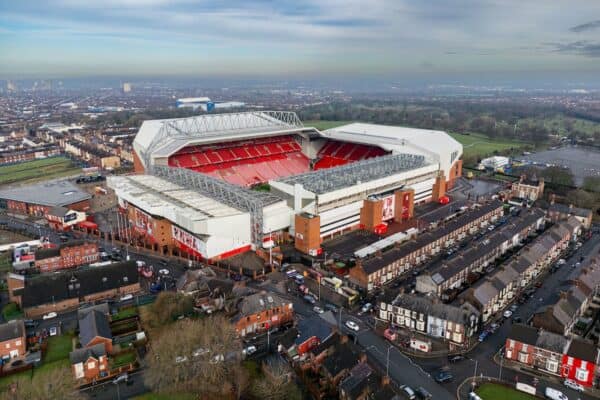 LIVERPOOL, ENGLAND - Saturday, February 10, 2024: Liverpool's An aerial view of Anfield Stadium, home of Liverpool Football Club, seen before the FA Premier League match between Liverpool FC and Burnley FC. (Photo by David Rawcliffe/Propaganda)