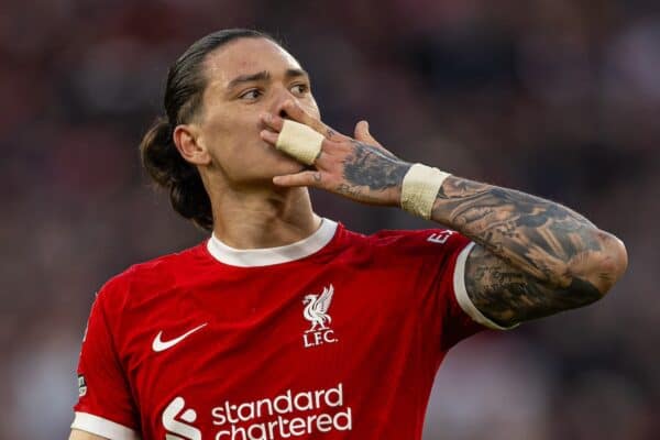 LIVERPOOL, ENGLAND - Saturday, February 10, 2024: Liverpool's Darwin Núñez celebrates after the FA Premier League match between Liverpool FC and Burnley FC at Anfield. Liverpool won 3-1. (Photo by David Rawcliffe/Propaganda)