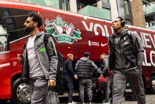 LONDON, ENGLAND - Saturday, February 17, 2024: Liverpool's Mohamed Salah arrives the FA Premier League match between Brentford FC and Liverpool FC at the Brentford Community Stadium. (Photo by David Rawcliffe/Propaganda)