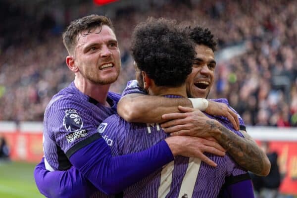 LONDON, ENGLAND - Saturday, February 17, 2024: Liverpool's Mohamed Salah celebrates after scoring the third goal during the FA Premier League match between Brentford FC and Liverpool FC at the Brentford Community Stadium. (Photo by David Rawcliffe/Propaganda)