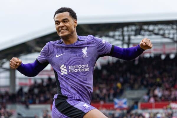 LONDON, ENGLAND - Saturday, February 17, 2024: Liverpool's Cody Gakpo celebrates after scoring the fourth goal during the FA Premier League match between Brentford FC and Liverpool FC at the Brentford Community Stadium. (Photo by David Rawcliffe/Propaganda)