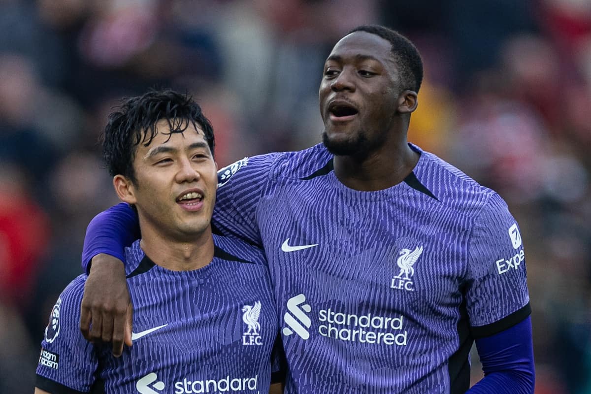 LONDON, ENGLAND - Saturday, February 17, 2024: Liverpool's Wataru End? (L) and Ibrahima Konaté celebrate after the FA Premier League match between Brentford FC and Liverpool FC at the Brentford Community Stadium. Liverpool won 4-1. (Photo by David Rawcliffe/Propaganda)