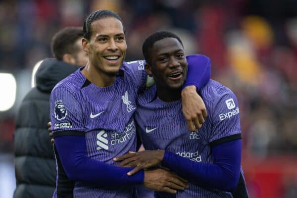 LONDON, ENGLAND - Saturday, February 17, 2024: Liverpool's captain Virgil van Dijk (L) and Ibrahima Konaté celebrate after the FA Premier League match between Brentford FC and Liverpool FC at the Brentford Community Stadium. Liverpool won 4-1. (Photo by David Rawcliffe/Propaganda)