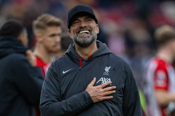 LONDON, ENGLAND - Saturday, February 17, 2024: Liverpool's manager Jürgen Klopp celebrates after the FA Premier League match between Brentford FC and Liverpool FC at the Brentford Community Stadium. Liverpool won 4-1. (Photo by David Rawcliffe/Propaganda)
