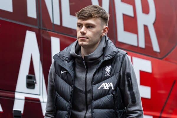 LONDON, ENGLAND - Saturday, February 17, 2024: Liverpool's Conor Bradley arrives before the FA Premier League match between Brentford FC and Liverpool FC at the Brentford Community Stadium. (Photo by David Rawcliffe/Propaganda)