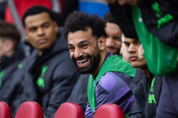 LONDON, ENGLAND - Saturday, February 17, 2024: Liverpool's Mohamed Salah on the bench during the FA Premier League match between Brentford FC and Liverpool FC at the Brentford Community Stadium. (Photo by David Rawcliffe/Propaganda)