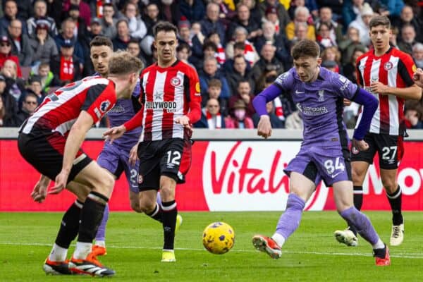 LONDON, ENGLAND - Saturday, February 17, 2024: Liverpool's Conor Bradley shoots during the FA Premier League match between Brentford FC and Liverpool FC at the Brentford Community Stadium. (Photo by David Rawcliffe/Propaganda)