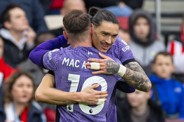 LONDON, ENGLAND - Saturday, February 17, 2024: Liverpool's Darwin Núñez (R) celebrates with team-mate Alexis Mac Allister after scoring the first goal during the FA Premier League match between Brentford FC and Liverpool FC at the Brentford Community Stadium. (Photo by David Rawcliffe/Propaganda)