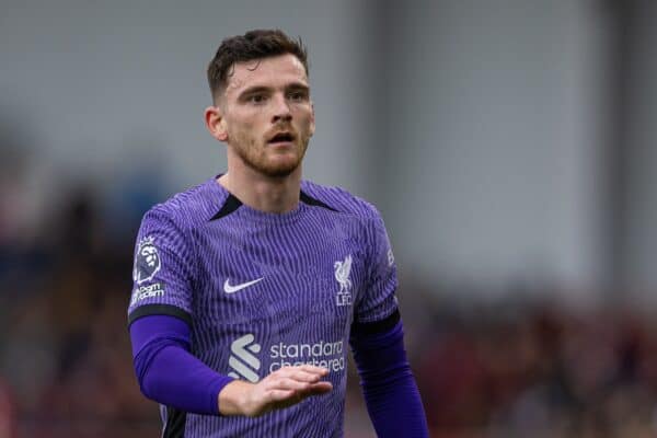 LONDON, ENGLAND - Saturday, February 17, 2024: Liverpool's Andy Robertson during the FA Premier League match between Brentford FC and Liverpool FC at the Brentford Community Stadium. (Photo by David Rawcliffe/Propaganda)