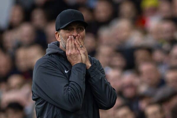 LONDON, ENGLAND - Saturday, February 17, 2024: Liverpool's manager Jürgen Klopp reacts during the FA Premier League match between Brentford FC and Liverpool FC at the Brentford Community Stadium. (Photo by David Rawcliffe/Propaganda)