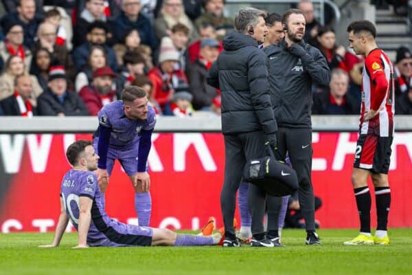 LONDON, ENGLAND - Saturday, February 17, 2024: Liverpool's Diogo Jota is treated for an injury during the FA Premier League match between Brentford FC and Liverpool FC at the Brentford Community Stadium. (Photo by David Rawcliffe/Propaganda)