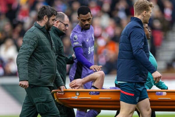  Liverpool's Diogo Jota is carried off with an injury during the FA Premier League match between Brentford FC and Liverpool FC at the Brentford Community Stadium. (Photo by David Rawcliffe/Propaganda)