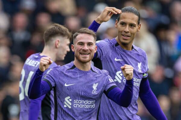 LONDON, ENGLAND - Saturday, February 17, 2024: Liverpool's Alexis Mac Allister celebrates after scoring the second goal during the FA Premier League match between Brentford FC and Liverpool FC at the Brentford Community Stadium. (Photo by David Rawcliffe/Propaganda)