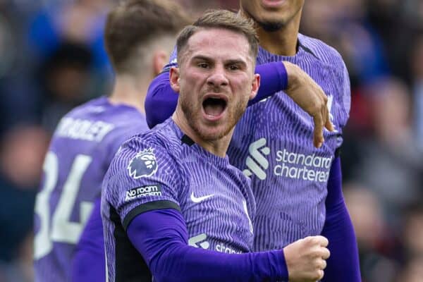 LONDON, ENGLAND - Saturday, February 17, 2024: Liverpool's Alexis Mac Allister celebrates after scoring the second goal during the FA Premier League match between Brentford FC and Liverpool FC at the Brentford Community Stadium. (Photo by David Rawcliffe/Propaganda)