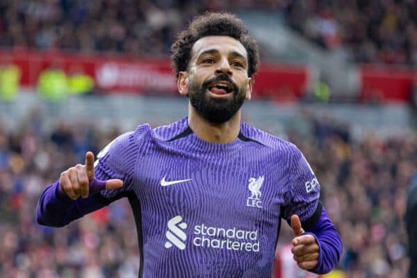 LONDON, ENGLAND - Saturday, February 17, 2024: Liverpool's Mohamed Salah celebrates after scoring the third goal during the FA Premier League match between Brentford FC and Liverpool FC at the Brentford Community Stadium. (Photo by David Rawcliffe/Propaganda)