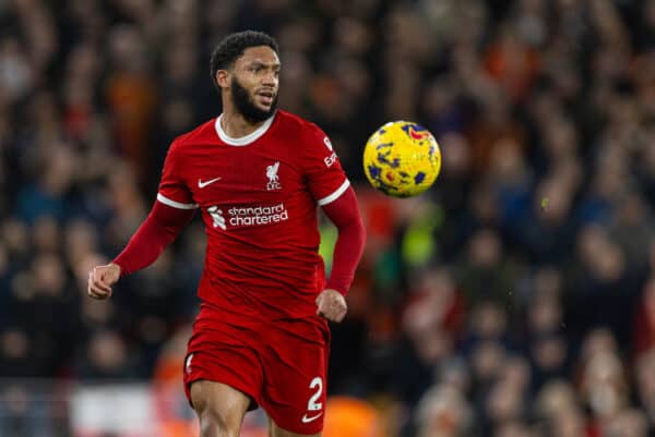 LIVERPOOL, ENGLAND - Wednesday, February 21, 2024: Liverpool's Joe Gomez during the FA Premier League match between Liverpool FC and Luton Town FC at Anfield. (Photo by David Rawcliffe/Propaganda)