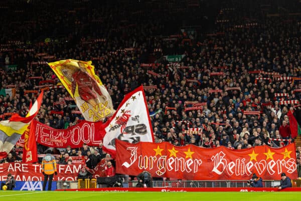 LIVERPOOL, ENGLAND - Wednesday, February 21, 2024: Liverpool supporters during the FA Premier League match between Liverpool FC and Luton Town FC at Anfield. (Photo by David Rawcliffe/Propaganda)