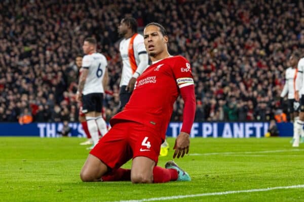 LIVERPOOL, ENGLAND - Wednesday, February 21, 2024: Liverpool's captain Virgil van Dijk celebrates after scoring the first equalising goal during the FA Premier League match between Liverpool FC and Luton Town FC at Anfield. (Photo by David Rawcliffe/Propaganda)