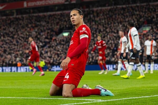 LIVERPOOL, ENGLAND - Wednesday, February 21, 2024: Liverpool's captain Virgil van Dijk celebrates after scoring the first equalising goal during the FA Premier League match between Liverpool FC and Luton Town FC at Anfield. (Photo by David Rawcliffe/Propaganda)