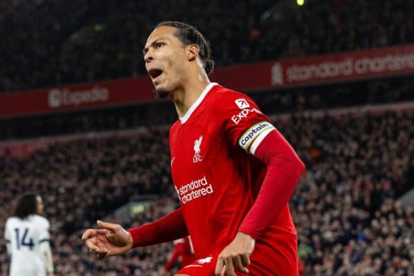 LIVERPOOL, ENGLAND - Wednesday, February 21, 2024: Liverpool's captain Virgil van Dijk celebrates after scoring the first equalising goal during the FA Premier League match between Liverpool FC and Luton Town FC at Anfield. (Photo by David Rawcliffe/Propaganda)