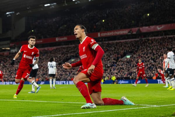 LIVERPOOL, ENGLAND - Wednesday, February 21, 2024: Liverpool's captain Virgil van Dijk celebrates after scoring the first equalising goal during the FA Premier League match between Liverpool FC and Luton Town FC at Anfield. (Photo by David Rawcliffe/Propaganda)