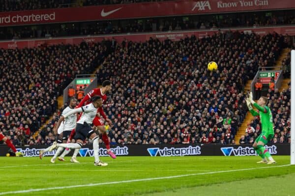 LIVERPOOL, ENGLAND - Wednesday, February 21, 2024: Liverpool's Cody Gakpo scores the second goal during the FA Premier League match between Liverpool FC and Luton Town FC at Anfield. (Photo by David Rawcliffe/Propaganda)