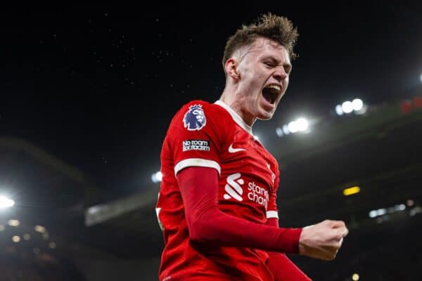 LIVERPOOL, ENGLAND - Wednesday, February 21, 2024: Liverpool's Conor Bradley celebrates his side's second goal during the FA Premier League match between Liverpool FC and Luton Town FC at Anfield. (Photo by David Rawcliffe/Propaganda)