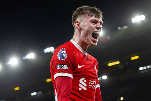 LIVERPOOL, ENGLAND - Wednesday, February 21, 2024: Liverpool's Conor Bradley celebrates his side's second goal during the FA Premier League match between Liverpool FC and Luton Town FC at Anfield. (Photo by David Rawcliffe/Propaganda)