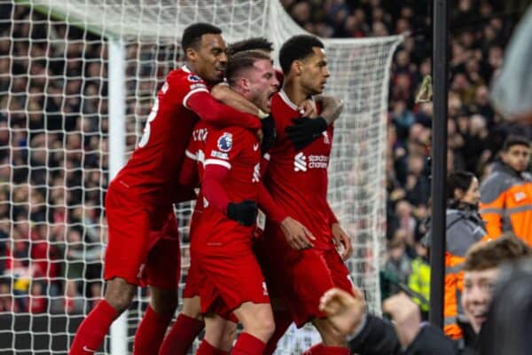 LIVERPOOL, ENGLAND - Wednesday, February 21, 2024: Liverpool's Cody Gakpo (R) celebrates after scoring the second goal during the FA Premier League match between Liverpool FC and Luton Town FC at Anfield. (Photo by David Rawcliffe/Propaganda)