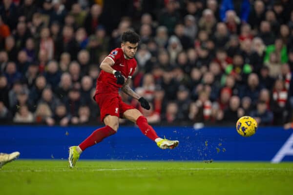 LIVERPOOL, ENGLAND - Wednesday, February 21, 2024: Liverpool's Luis Díaz scores the second goal during the FA Premier League match between Liverpool FC and Luton Town FC at Anfield. (Photo by David Rawcliffe/Propaganda)