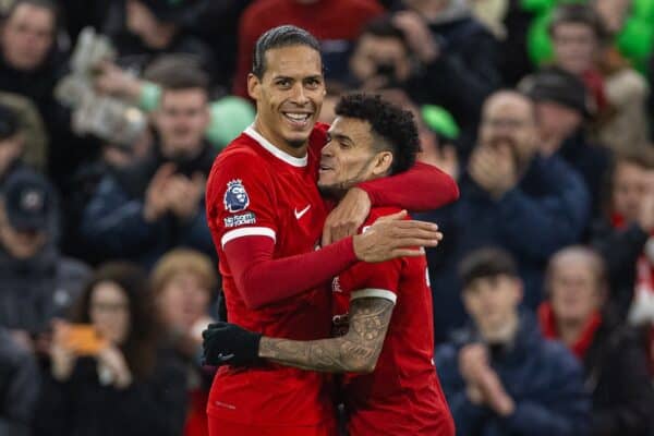 LIVERPOOL, ENGLAND - Wednesday, February 21, 2024: Liverpool's Luis Díaz celebrates with team-mate captain Virgil van Dijk (L) after scoring the second goal during the FA Premier League match between Liverpool FC and Luton Town FC at Anfield. (Photo by David Rawcliffe/Propaganda)